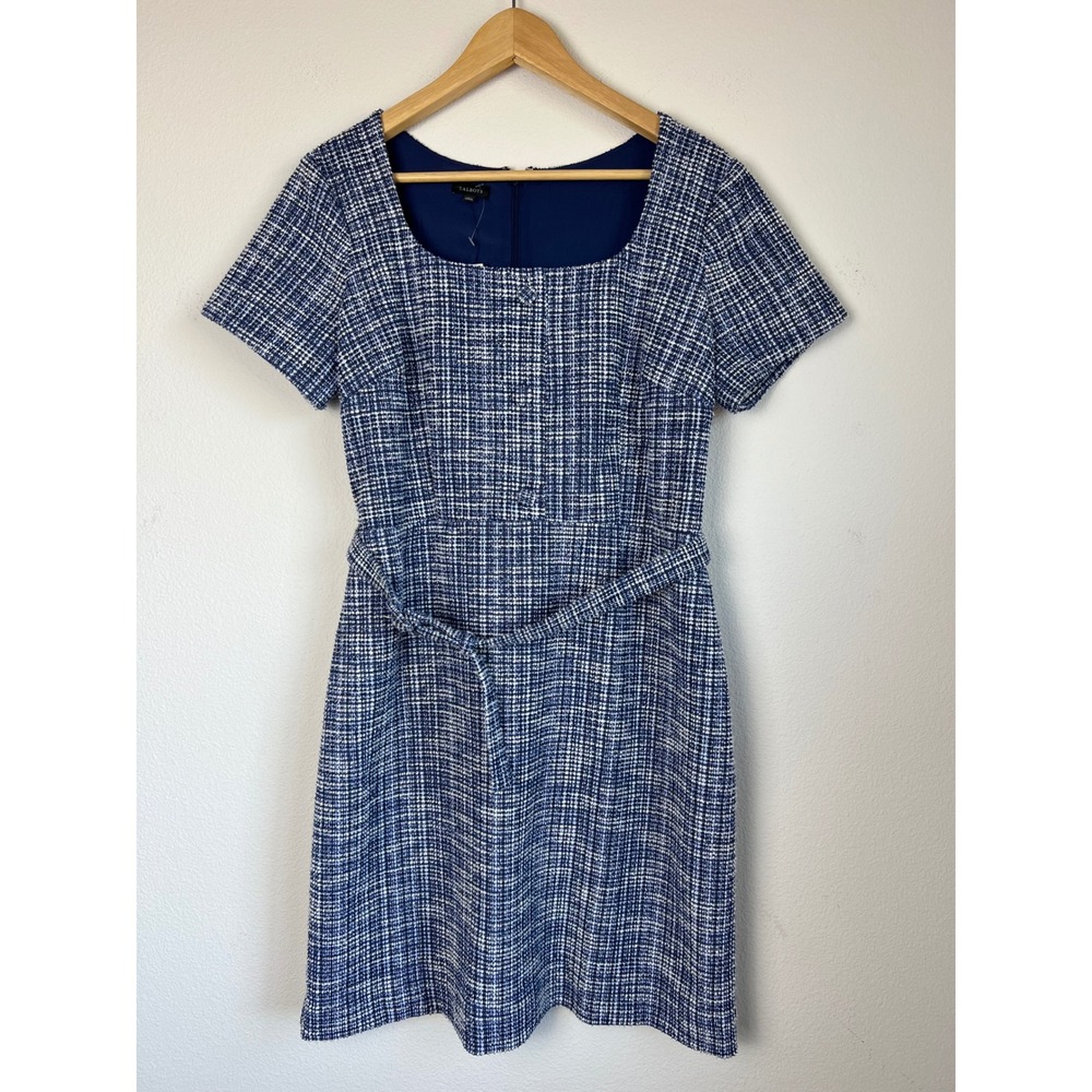 Talbots Tweed Dress Modest US 12 Blue White Boucle Belted Sheath Academia Career